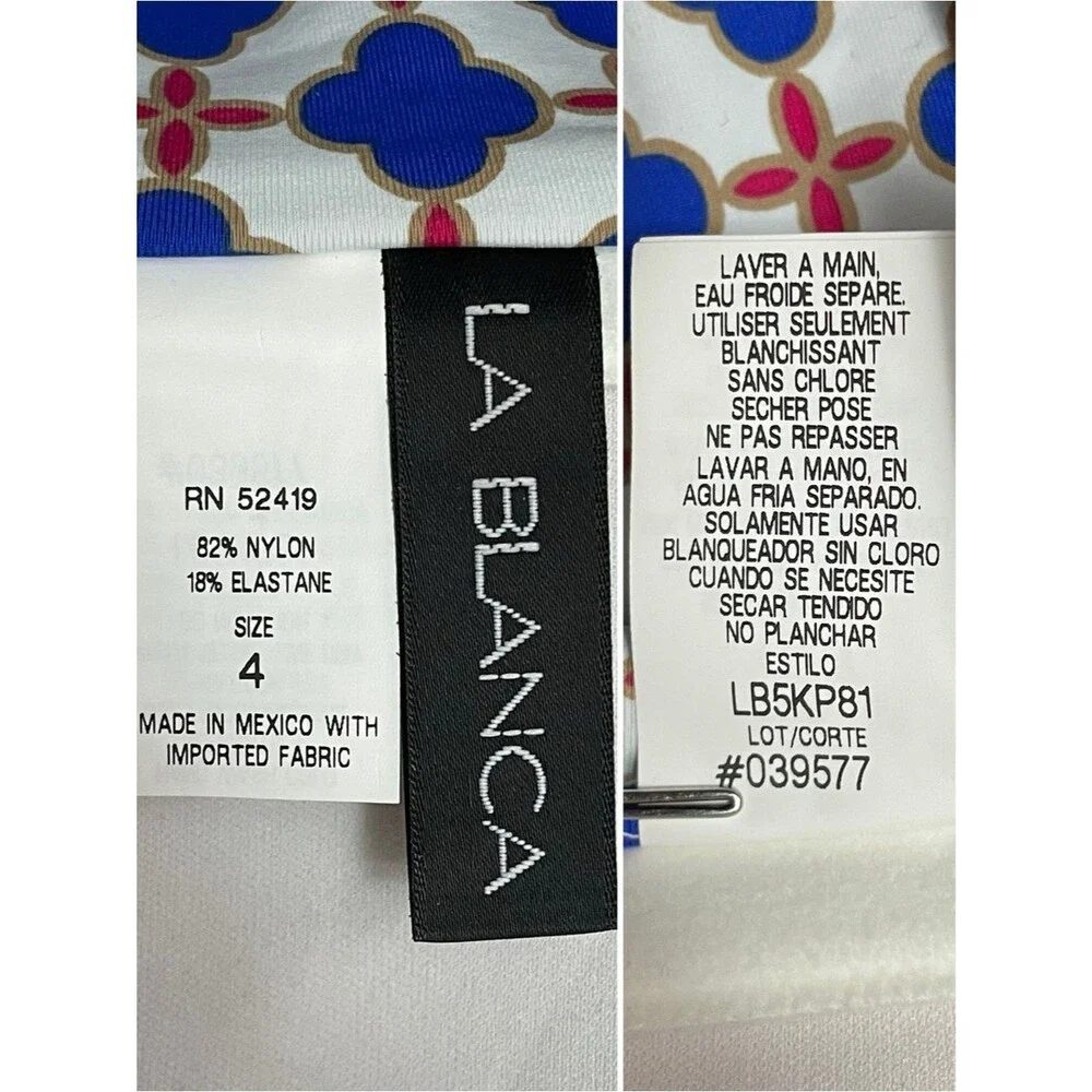 NWT La Blanca Bikini Top Size 4 Blue Pink Red Geo Halter Bandeau Twist Tie Back